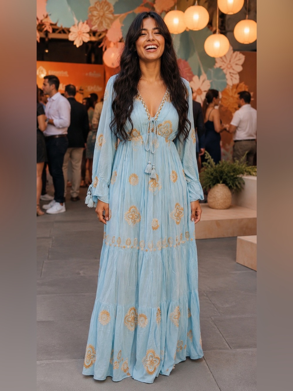 NWT Beautiful Papa Pia Sky Blue Long-Sleeve Embroidered Maxi Dress